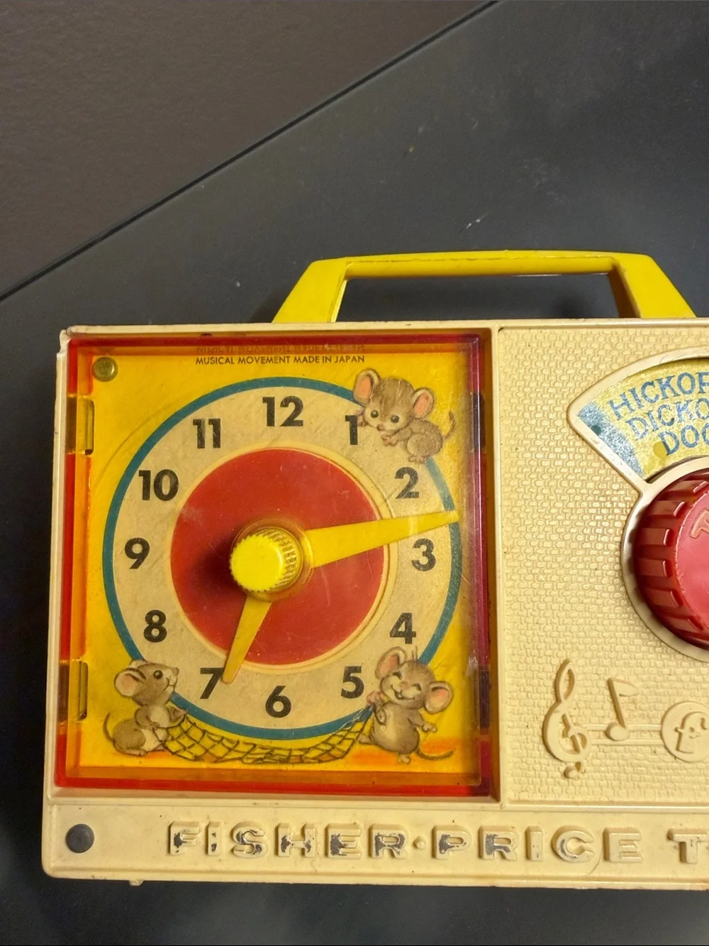 Vintage 1960-1970 Fisher-Price Yellow Musical Clock Toy with Red Dial